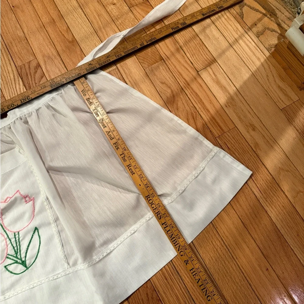 White Apron with Pink and Green Tulip zHandmade Embroidery Easter Spring